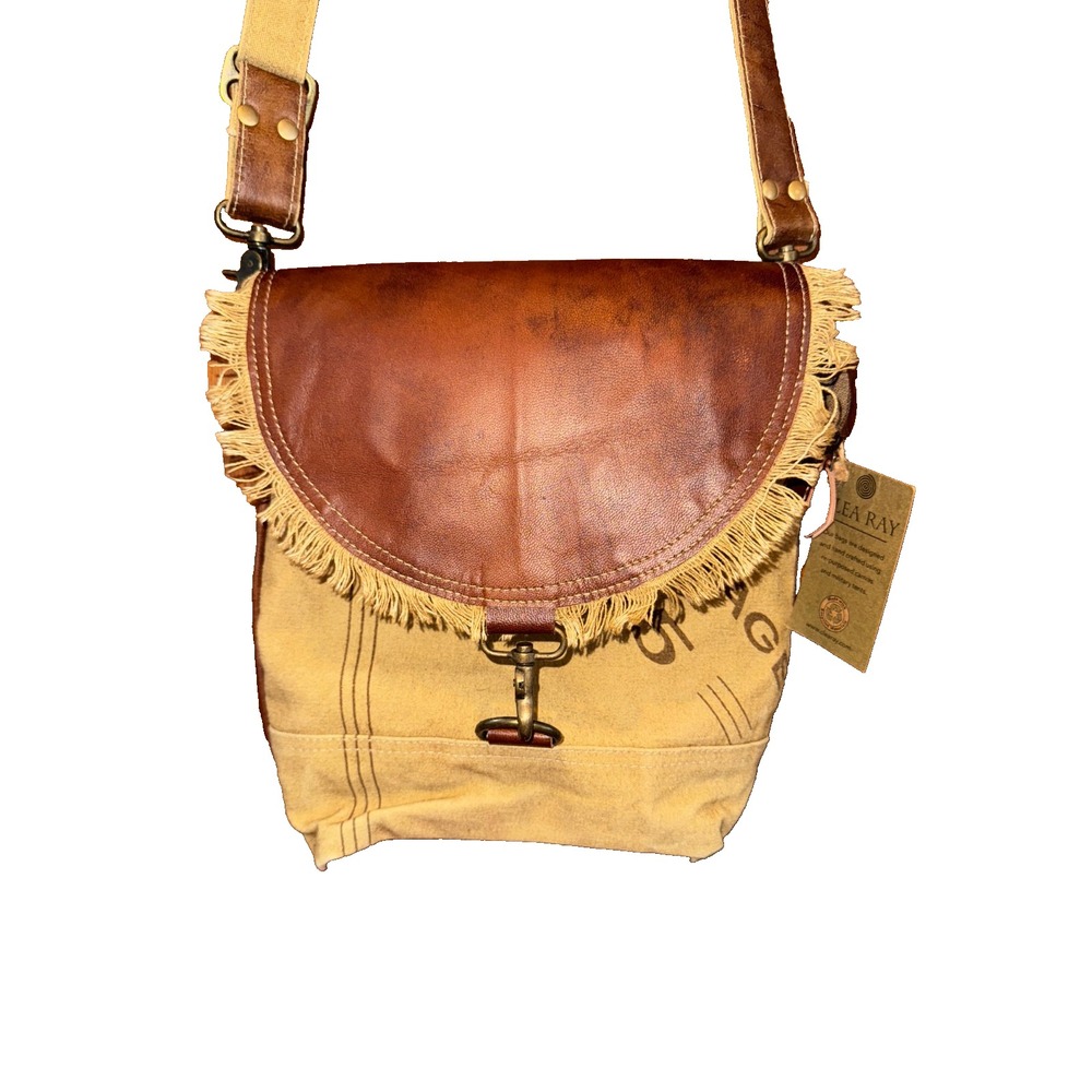 NWT Clea Ray Upcycled Canvas Leather Crossbody Bag postage tan brown hippie y2k
